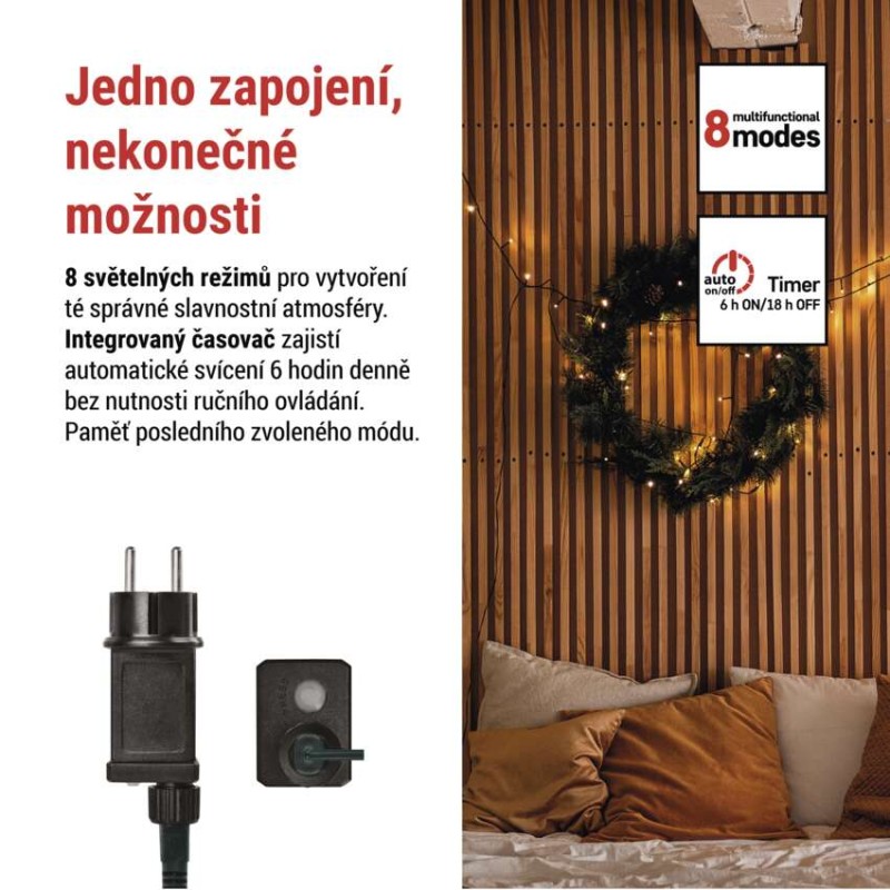 LED vánoční řetěz, 18 m, venkovní i vnitřní, teplá bílá, programy, časovač