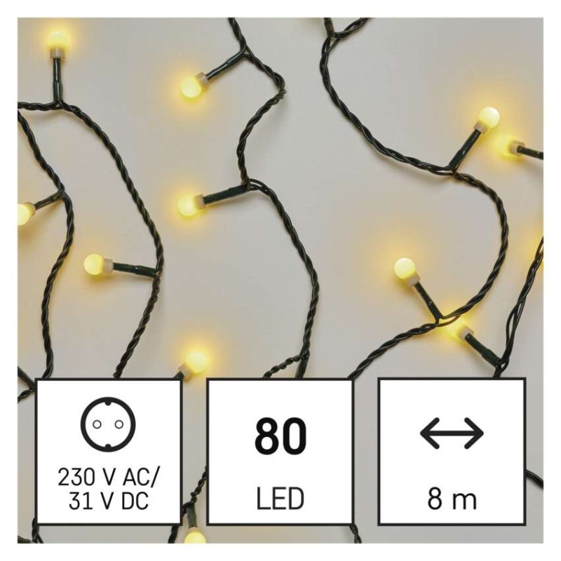 LED vánoční cherry řetěz – kuličky, 8 m, venkovní i vnitřní, teplá bílá, programy, časovač