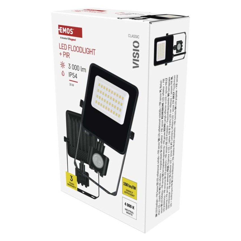 LED reflektor VISIO s pohybovým čidlem, 20 W, černý, neutrální bílá