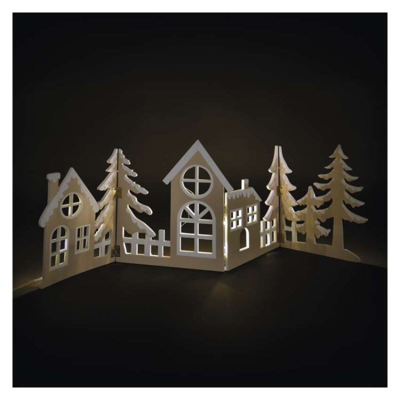 LED dekorace dřevěná - vesnička, 60 cm, 2x AA, teplá bílá, časovač