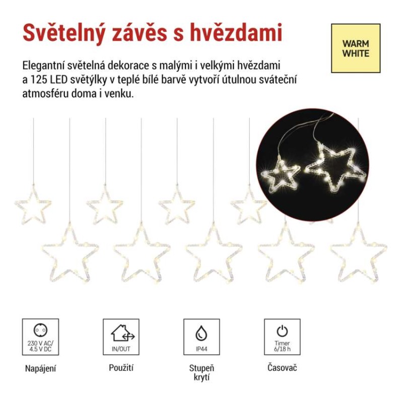 LED vánoční závěs – hvězdy, 190x50 cm, venkovní i vnitřní, teplá bílá