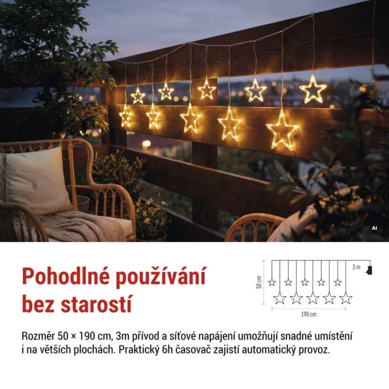 LED vánoční závěs – hvězdy, 190x50 cm, venkovní i vnitřní, teplá bílá