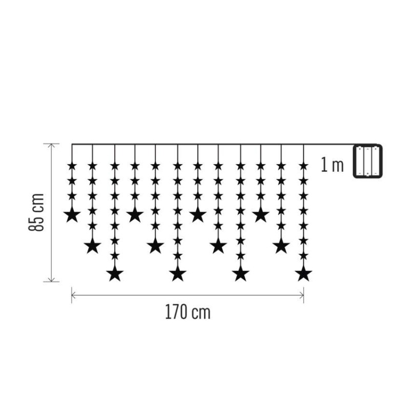 LED vánoční závěs – hvězdy, 170x85 cm, 3x AA, venkovní i vnitřní, teplá bílá, časovač