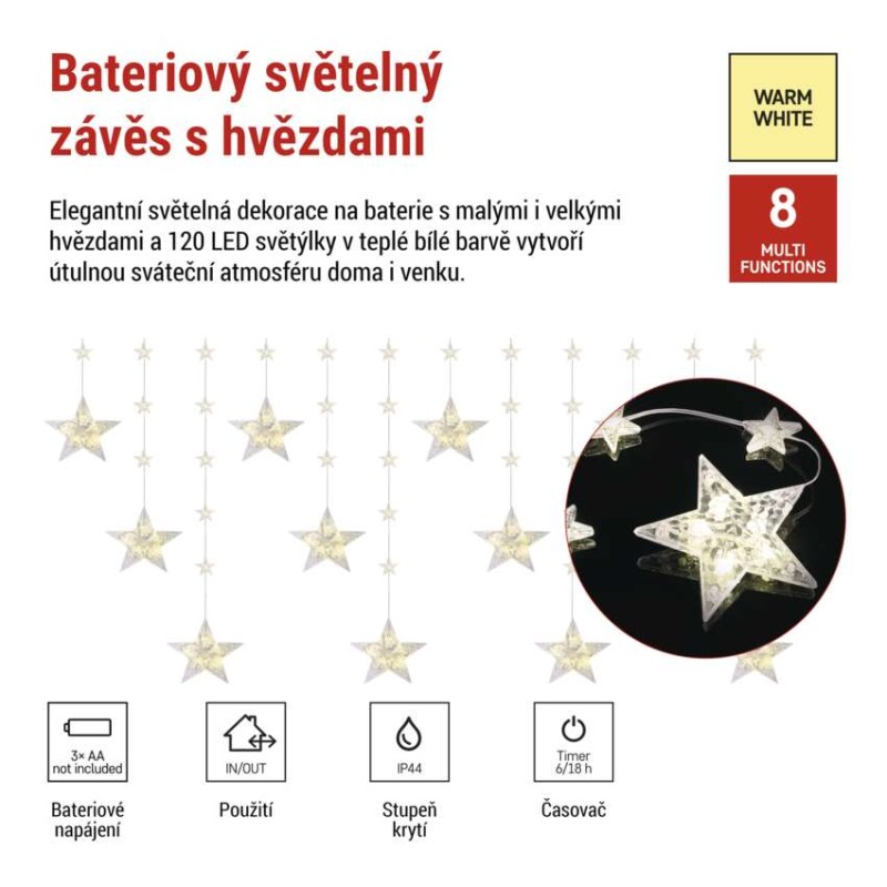 LED vánoční závěs – hvězdy, 170x85 cm, 3x AA, venkovní i vnitřní, teplá bílá, časovač
