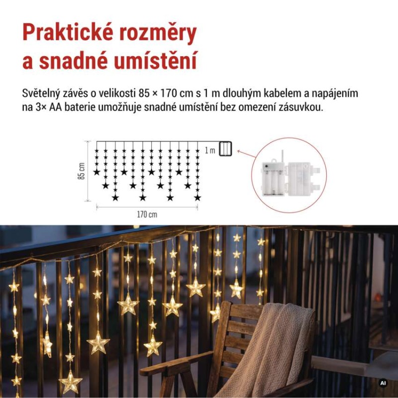 LED vánoční závěs – hvězdy, 170x85 cm, 3x AA, venkovní i vnitřní, teplá bílá, časovač