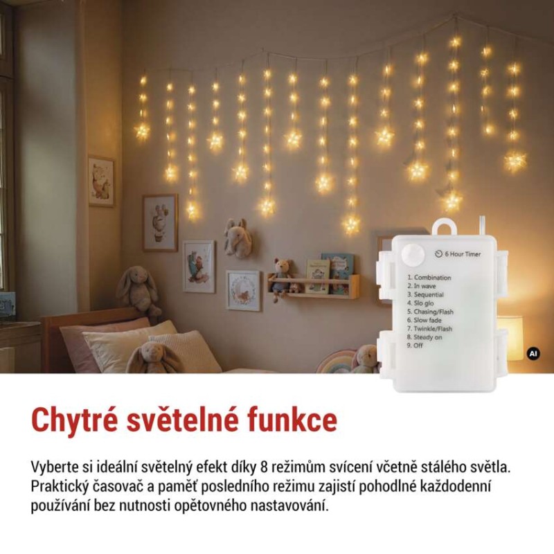 LED vánoční závěs – hvězdy, 170x85 cm, 3x AA, venkovní i vnitřní, teplá bílá, časovač