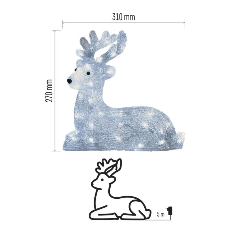 LED vánoční jelínek, 27 cm, venkovní i vnitřní, studená bílá, časovač