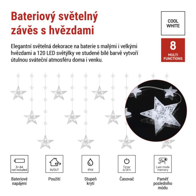 LED vánoční závěs – hvězdy, 170x85 cm, 3x AA, venkovní i vnitřní, studená bílá, časovač