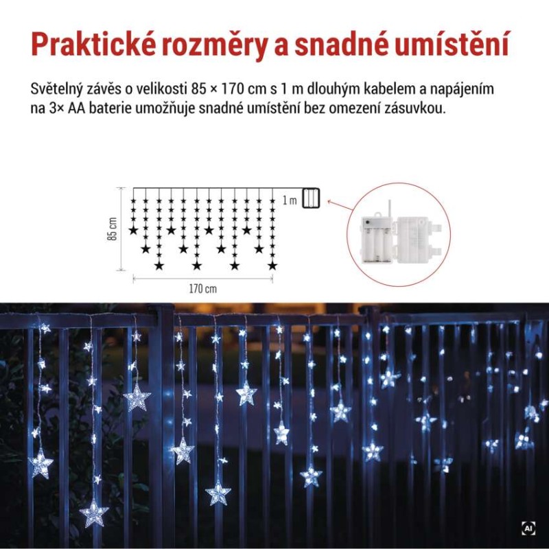 LED vánoční závěs – hvězdy, 170x85 cm, 3x AA, venkovní i vnitřní, studená bílá, časovač