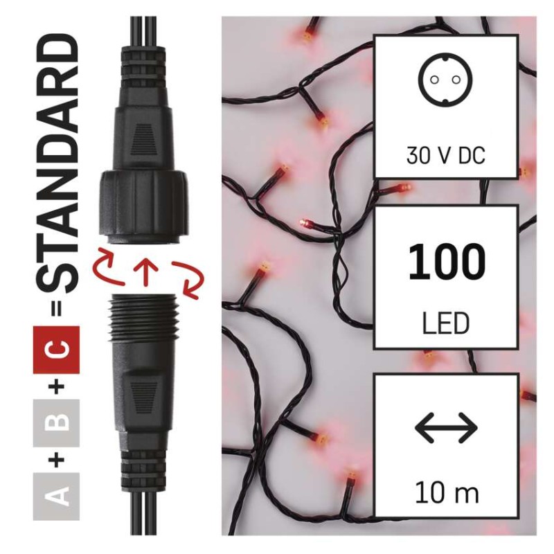 Standard LED spojovací vánoční řetěz, 10 m, venkovní i vnitřní, červená