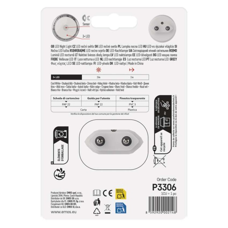 LED noční světlo P3306 s fotosenzorem do zásuvky