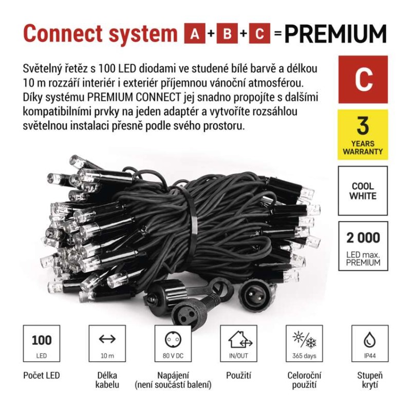 Premium LED spojovací řetěz černý, 10 m, venkovní i vnitřní, studená bílá