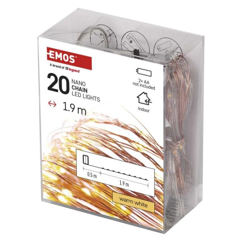 LED vánoční nano řetěz, 1,9 m, 2x AA, vnitřní, teplá bílá, časovač