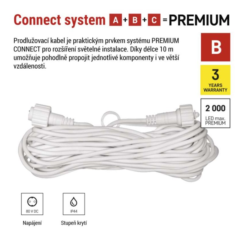 Prodlužovací kabel pro spojovací řetězy Premium bílý, 10 m, venkovní i vnitřní