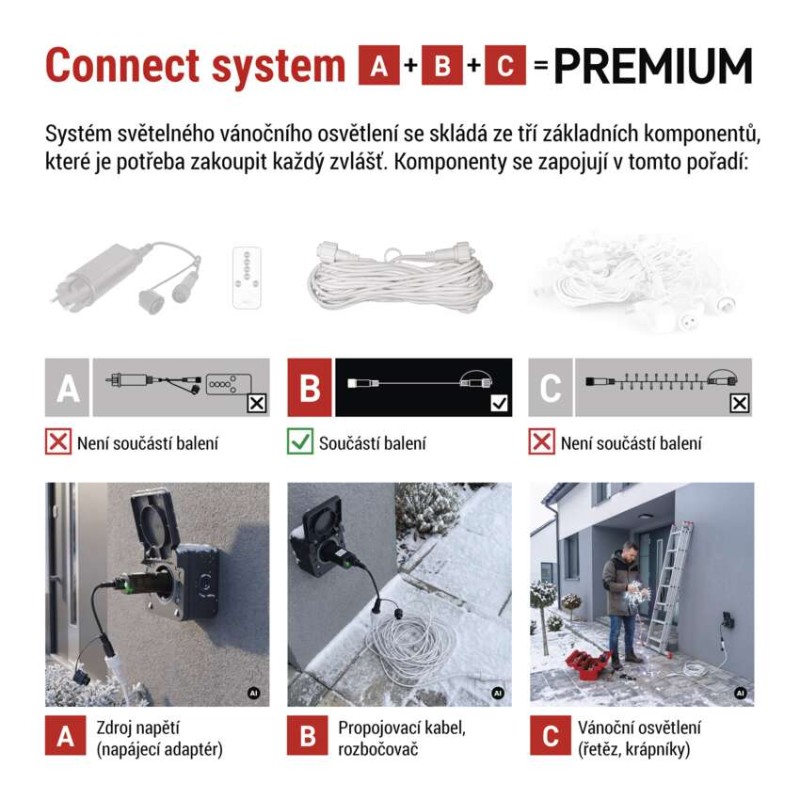 Prodlužovací kabel pro spojovací řetězy Premium bílý, 10 m, venkovní i vnitřní