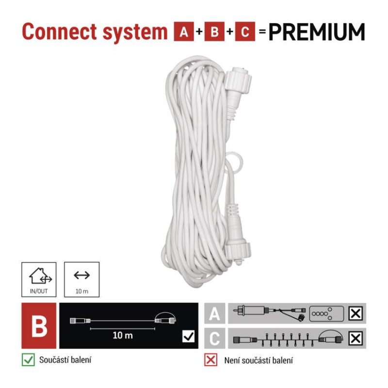 Prodlužovací kabel pro spojovací řetězy Premium bílý, 10 m, venkovní i vnitřní