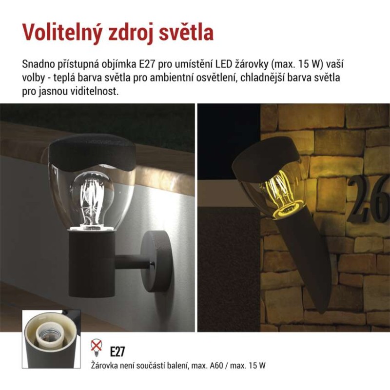 LED zahradní nástěnné svítidlo, 12 x 12 x 33 cm, 1 x E27, 15 W