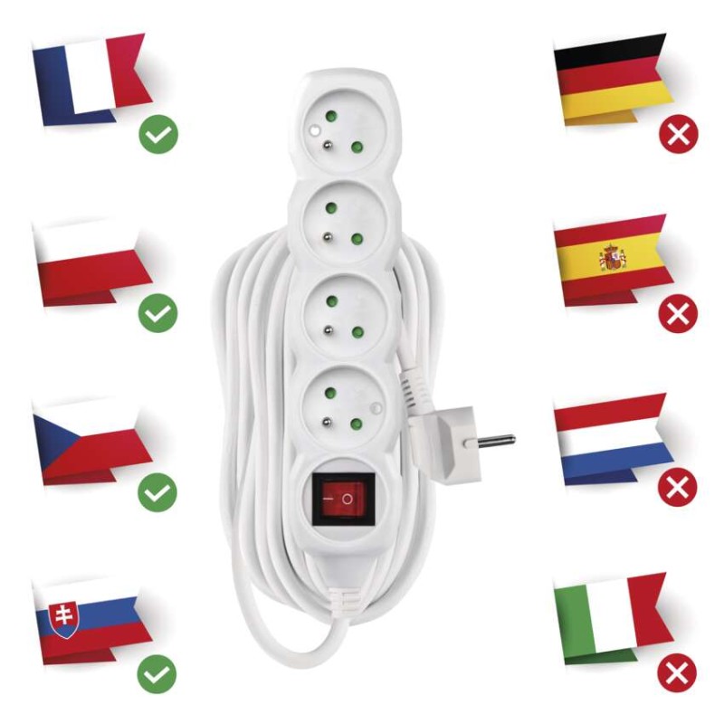 Prodlužovací kabel 7 m / 4 zásuvky / s vypínačem / bílý / PVC / 1,5 mm2