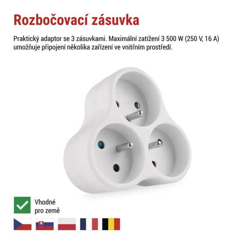 Rozbočovací zásuvka 3× kulatá, bílá