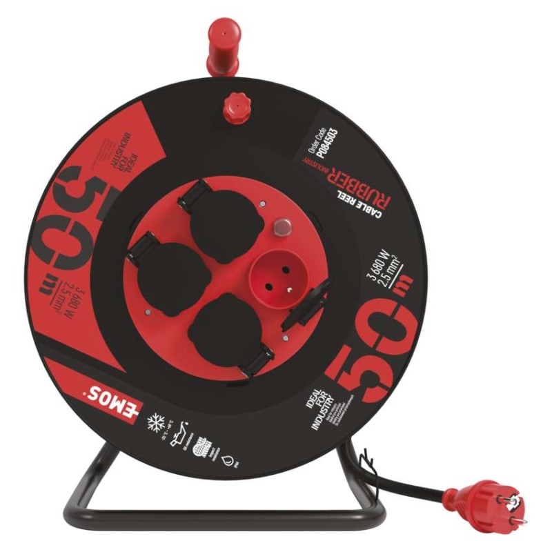Venkovní prodlužovací kabel na bubnu 50 m / 4 zás. / černý / guma-neopren / 230V / 2,5 mm2