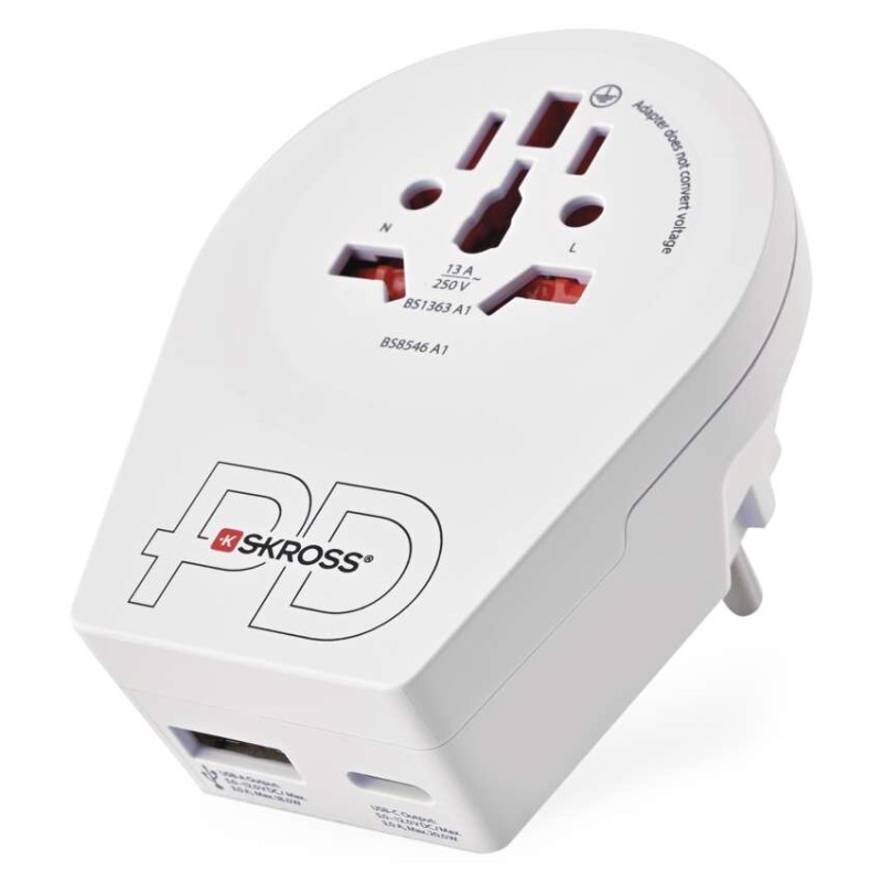 Cestovní univerzální adaptér pro cizince do střední Evropy, 1×USB-C, 1×USB-A