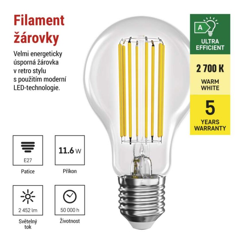 LED žárovka Filament A70 / E27 / 11.6 W (150 W) / 2 452 lm / teplá bílá / A CLASS