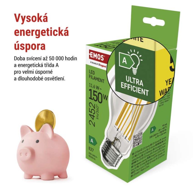 LED žárovka Filament A70 / E27 / 11.6 W (150 W) / 2 452 lm / teplá bílá / A CLASS