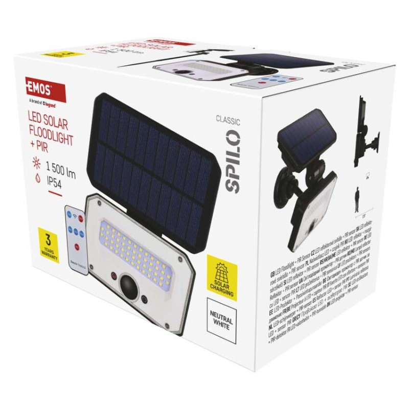 Solární LED reflektor SPILO s pohybovým čidlem, černý, neutrální bílá