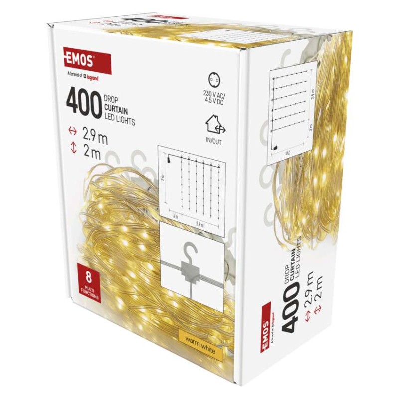 LED vánoční drop řetěz – záclona, 2,9x2 m, venkovní i vnitřní, teplá bílá, programy