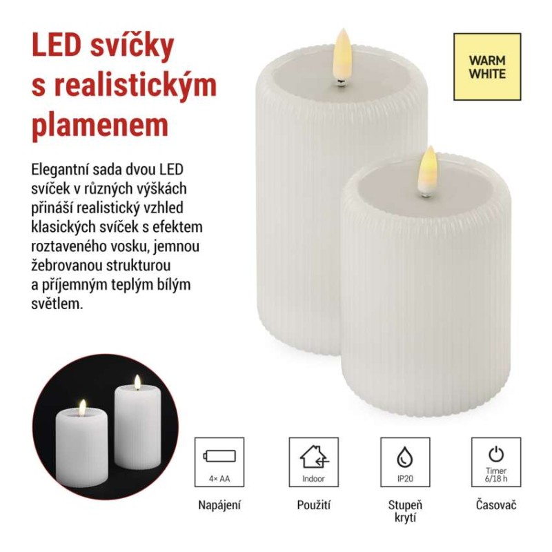 LED dekorace – 2x vosková svíčka s reálným plamenem, 4x AA, teplá bílá, časovač