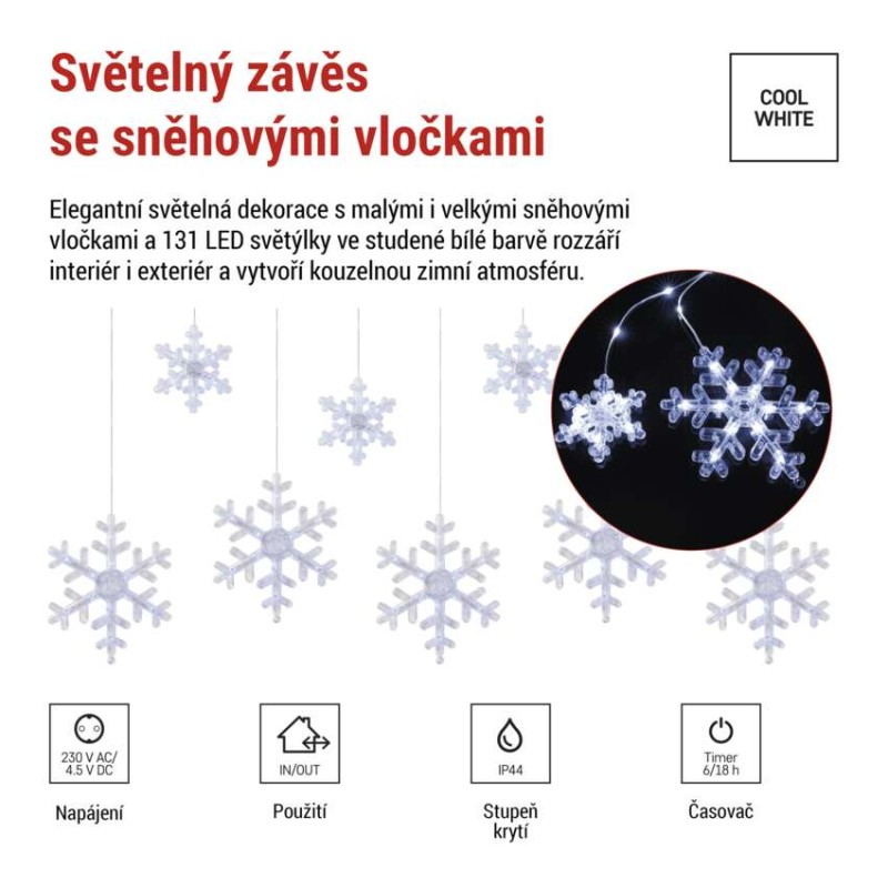 LED vánoční závěs – vločky, 160x95 cm, venkovní i vnitřní, studená bílá, časovač