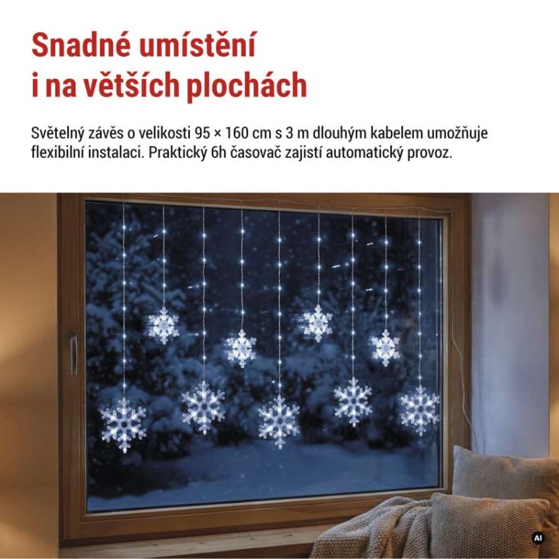 LED vánoční závěs – vločky, 160x95 cm, venkovní i vnitřní, studená bílá, časovač