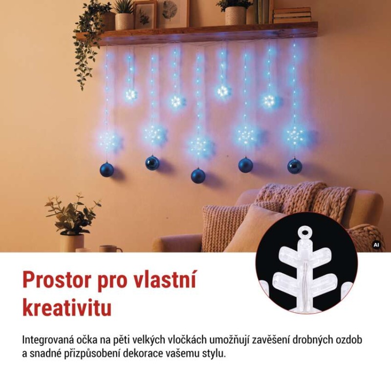 LED vánoční závěs – vločky, 160x95 cm, venkovní i vnitřní, studená bílá, časovač