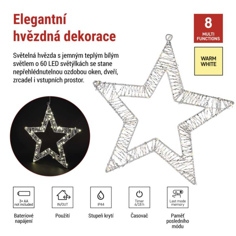 LED dekorace - závěsná hvězda, 3xAA, teplá bílá, časovač