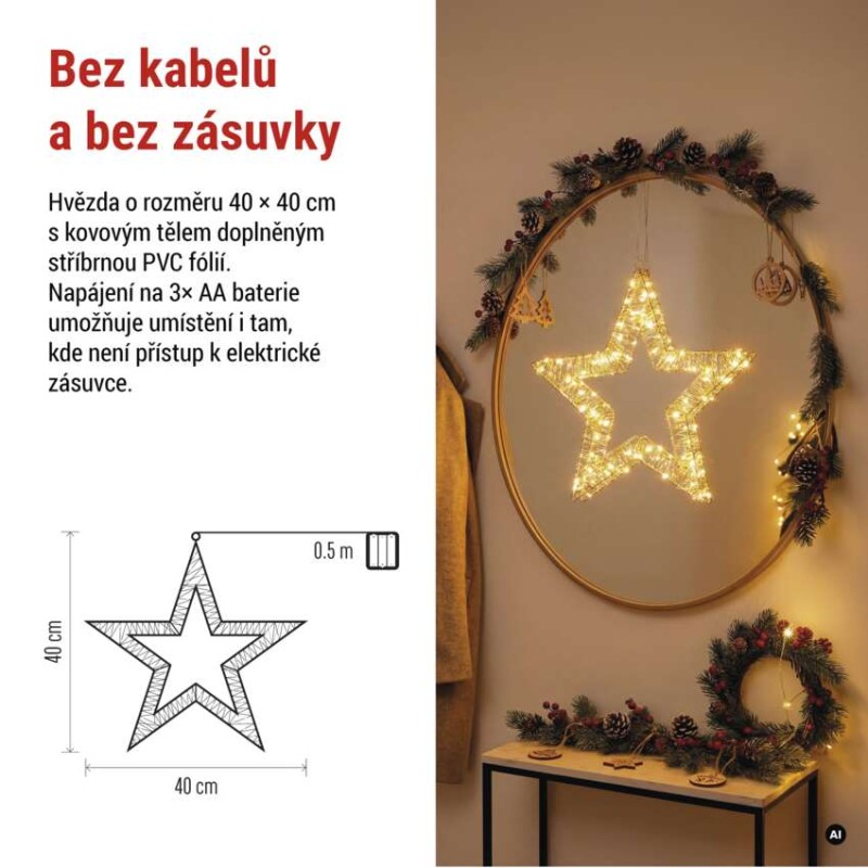 LED dekorace - závěsná hvězda, 3xAA, teplá bílá, časovač