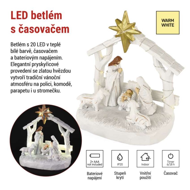 LED vánoční betlém, 16,5 cm, 2x AAA, vnitřní, teplá bílá, časovač