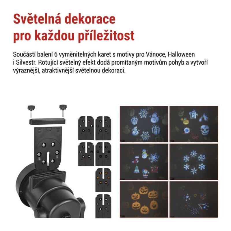 LED dekorativní projektor – 6 motivů, venkovní i vnitřní
