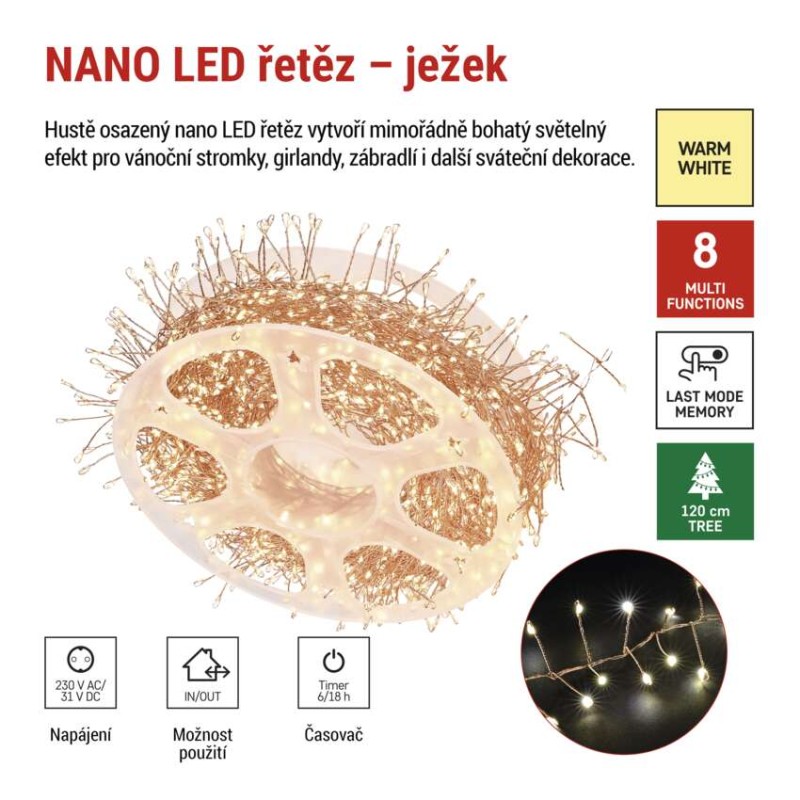 LED nano řetěz na cívce, měděný, 9,6 m, venkovní i vnitřní, teplá bílá, časovač