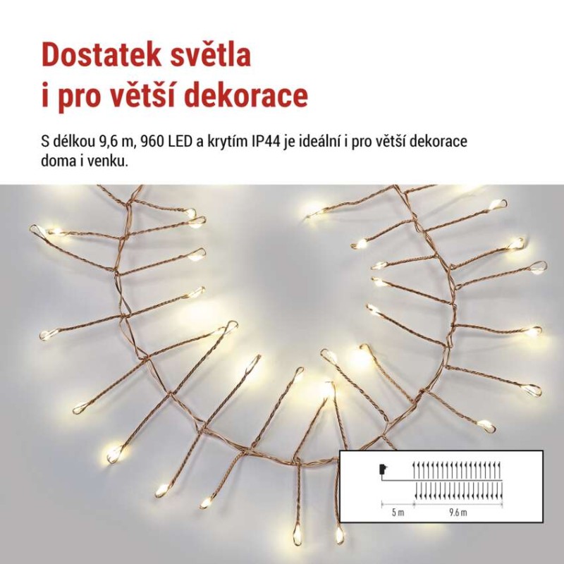 LED nano řetěz na cívce, měděný, 9,6 m, venkovní i vnitřní, teplá bílá, časovač