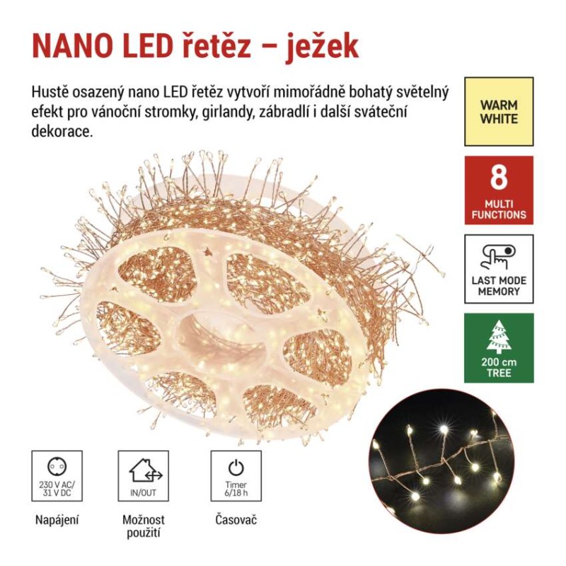 LED nano řetěz na cívce, měděný, 19,2 m, venkovní i vnitřní, teplá bílá, časovač