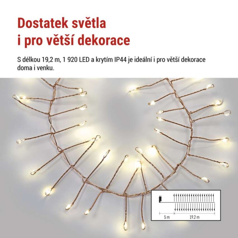 LED nano řetěz na cívce, měděný, 19,2 m, venkovní i vnitřní, teplá bílá, časovač