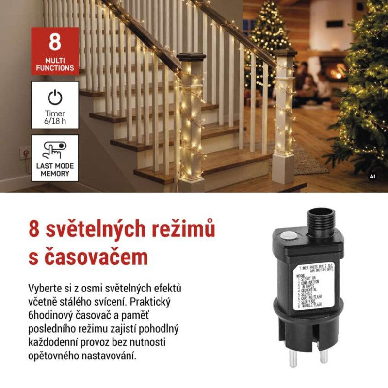 LED nano řetěz na cívce, měděný, 19,2 m, venkovní i vnitřní, teplá bílá, časovač