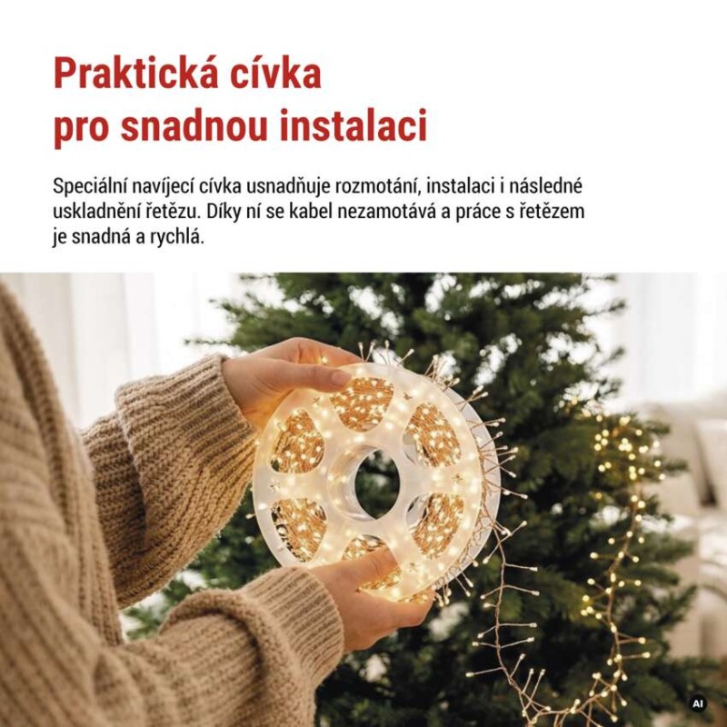 LED nano řetěz na cívce, měděný, 19,2 m, venkovní i vnitřní, teplá bílá, časovač