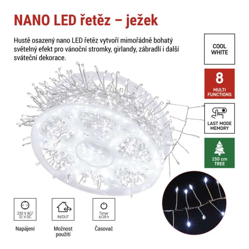 LED nano řetěz na cívce, stříbrný, 14,4 m, venkovní i vnitřní, studená bílá, časovač