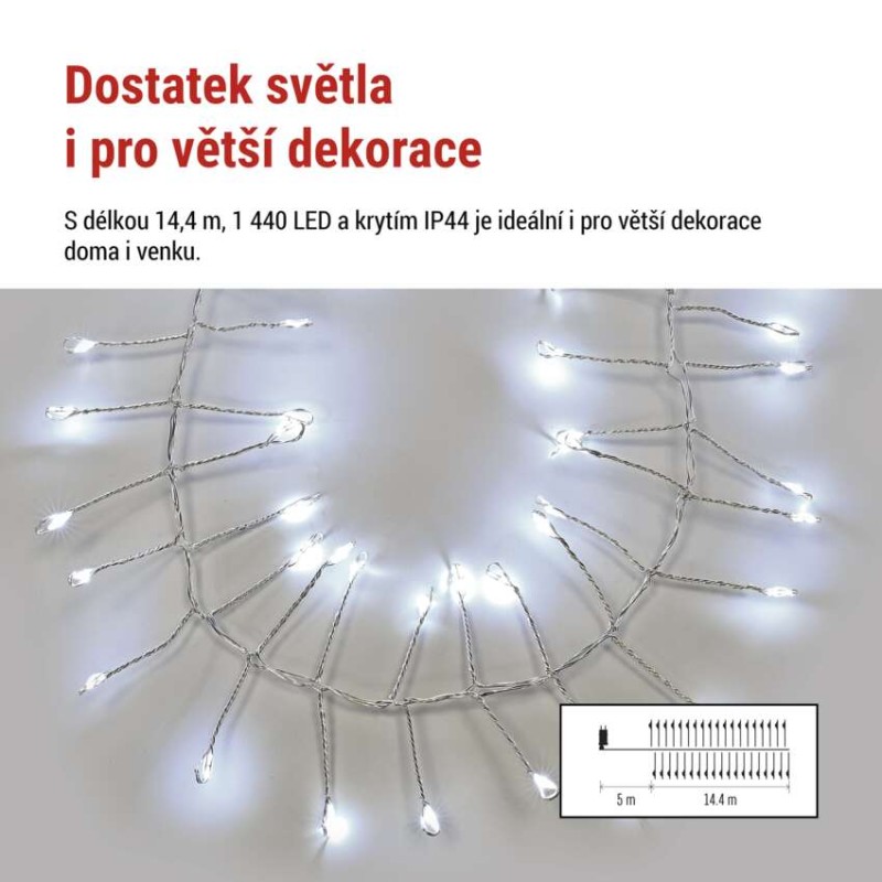 LED nano řetěz na cívce, stříbrný, 14,4 m, venkovní i vnitřní, studená bílá, časovač