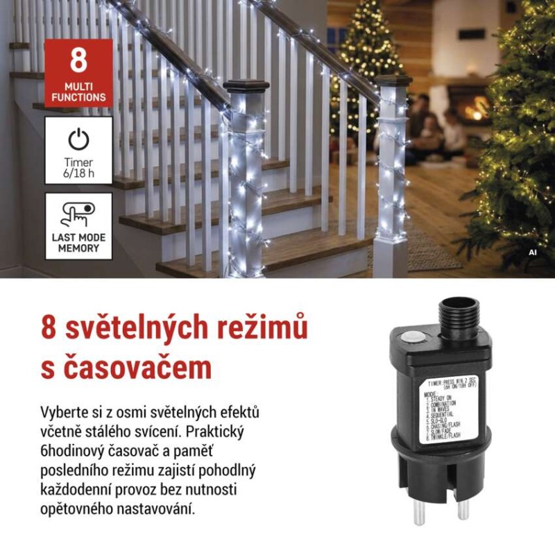 LED nano řetěz na cívce, stříbrný, 14,4 m, venkovní i vnitřní, studená bílá, časovač