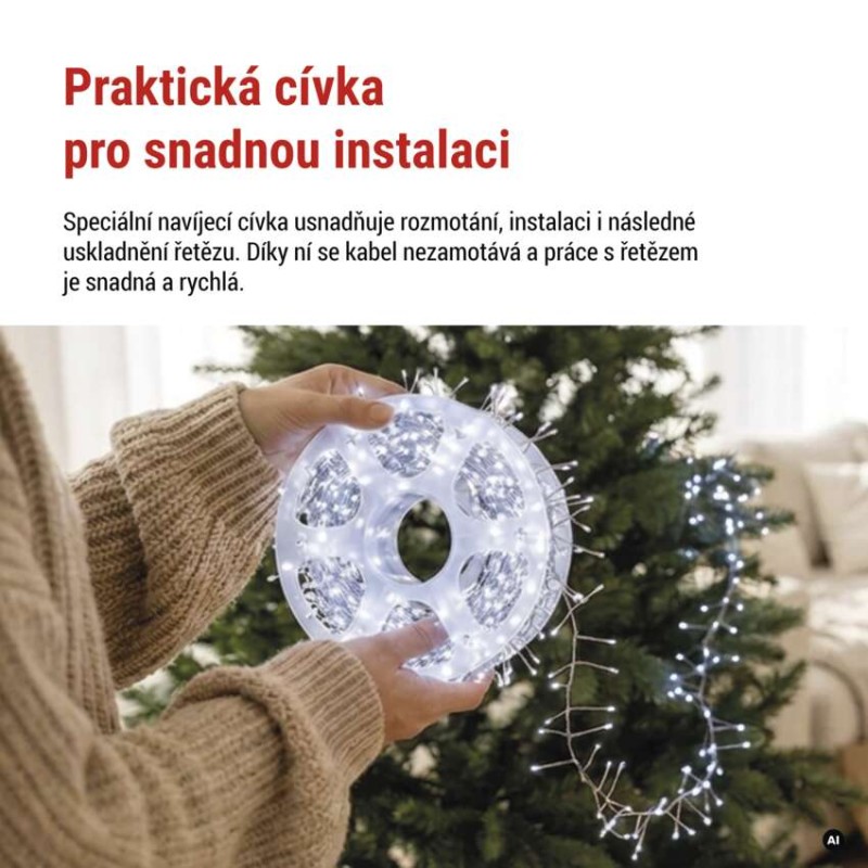 LED nano řetěz na cívce, stříbrný, 14,4 m, venkovní i vnitřní, studená bílá, časovač