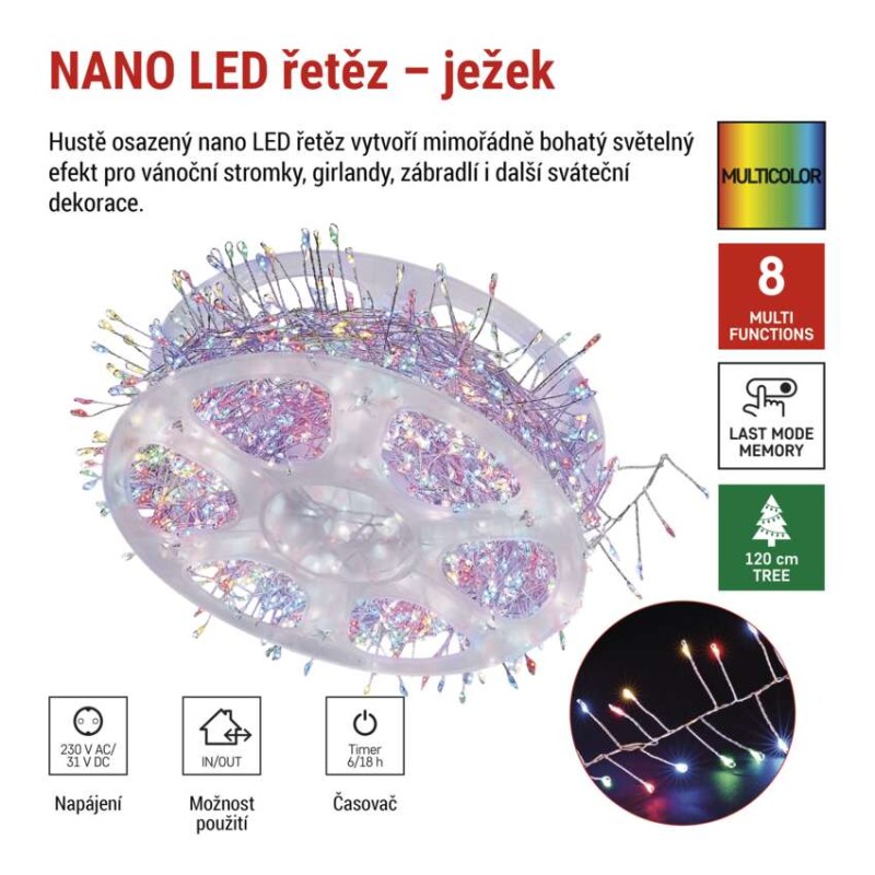 LED nano řetěz na cívce, stříbrný, 9,6 m, venkovní i vnitřní, multicolor, časovač