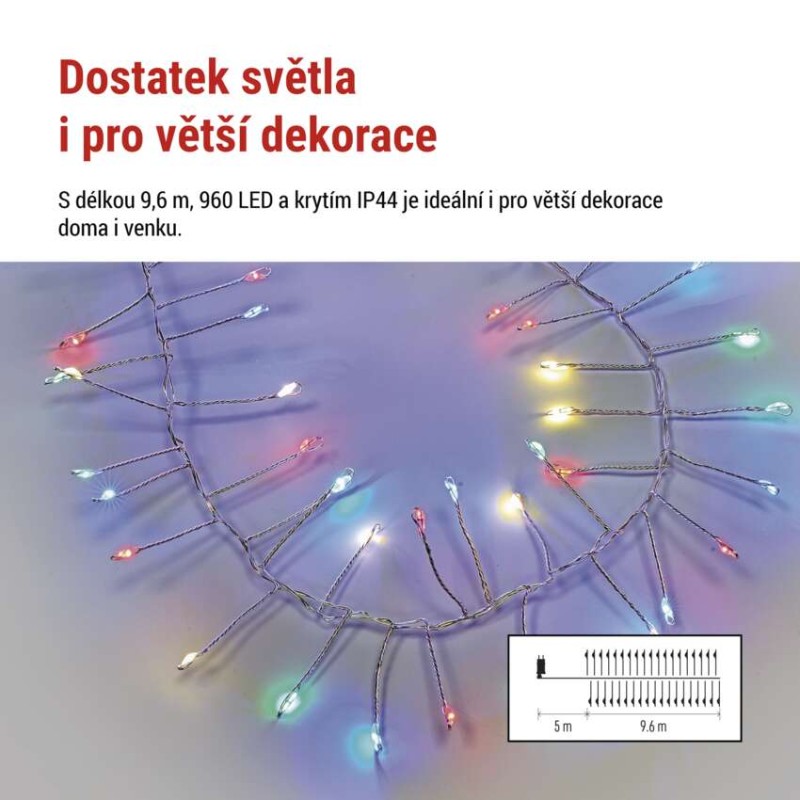 LED nano řetěz na cívce, stříbrný, 9,6 m, venkovní i vnitřní, multicolor, časovač