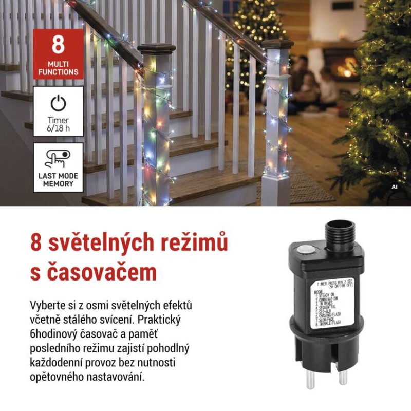 LED nano řetěz na cívce, stříbrný, 9,6 m, venkovní i vnitřní, multicolor, časovač